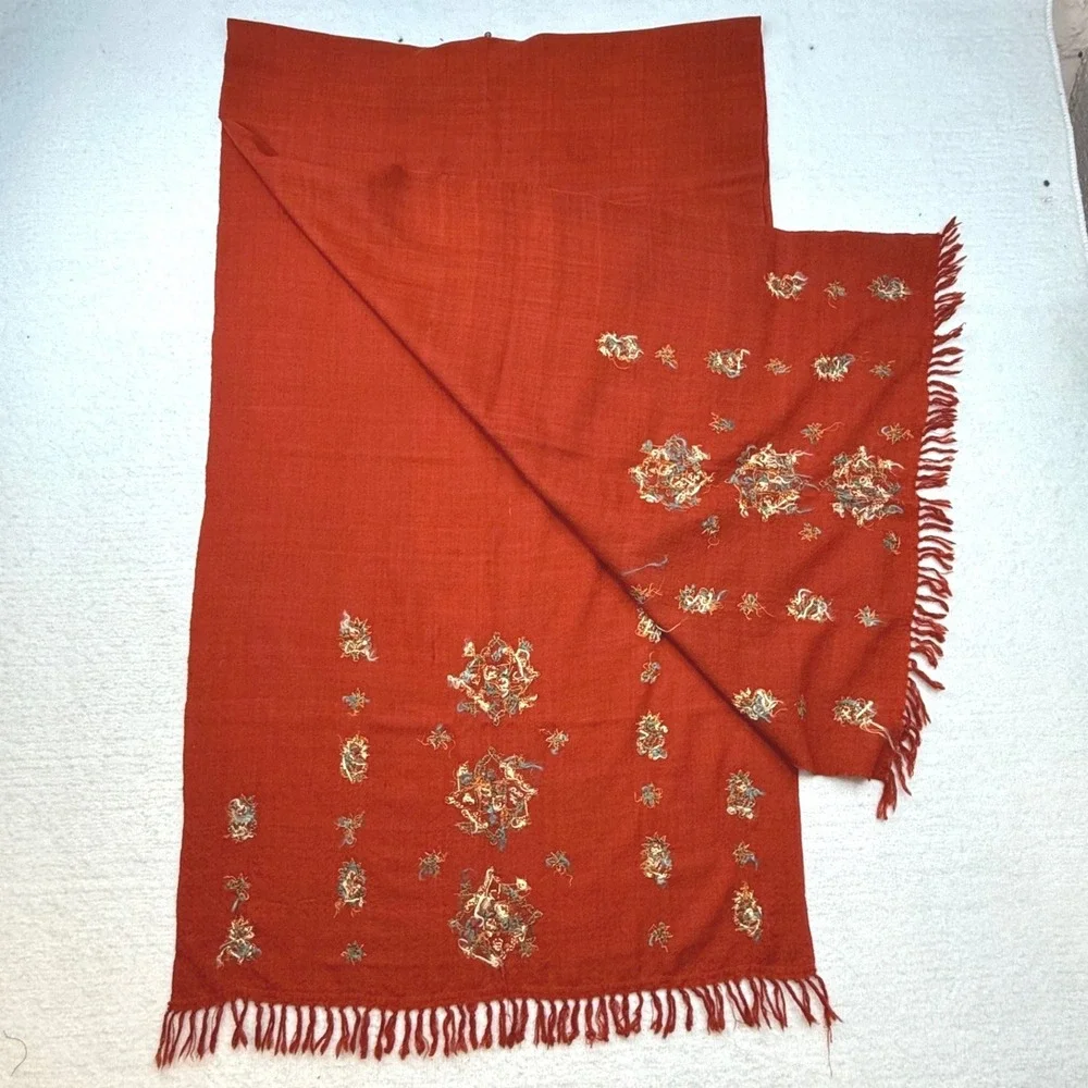 Rust‎ Red Embroidered Floral Fringed table runner Scarf Wrap Boho Artisan folk